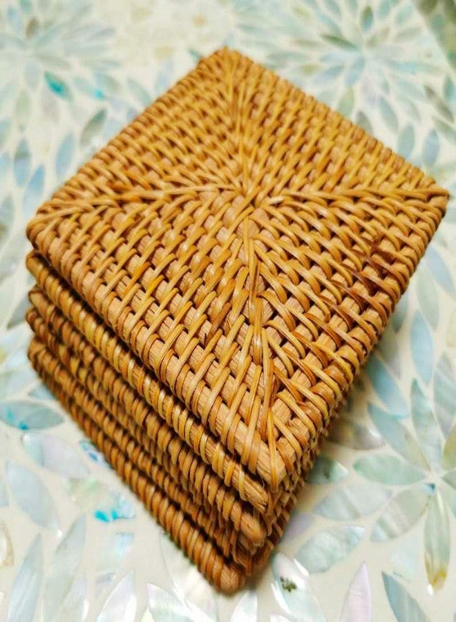 i-lan 6 Pack Woven Coasters Set for Drink, 4 Inch Square Rattan Cup Holder, Handmade Wicker Single Coasters, Decorative Coasters for Coffee Table, Drink Cups, Countertops, Wall Décor, Brown - Image 3